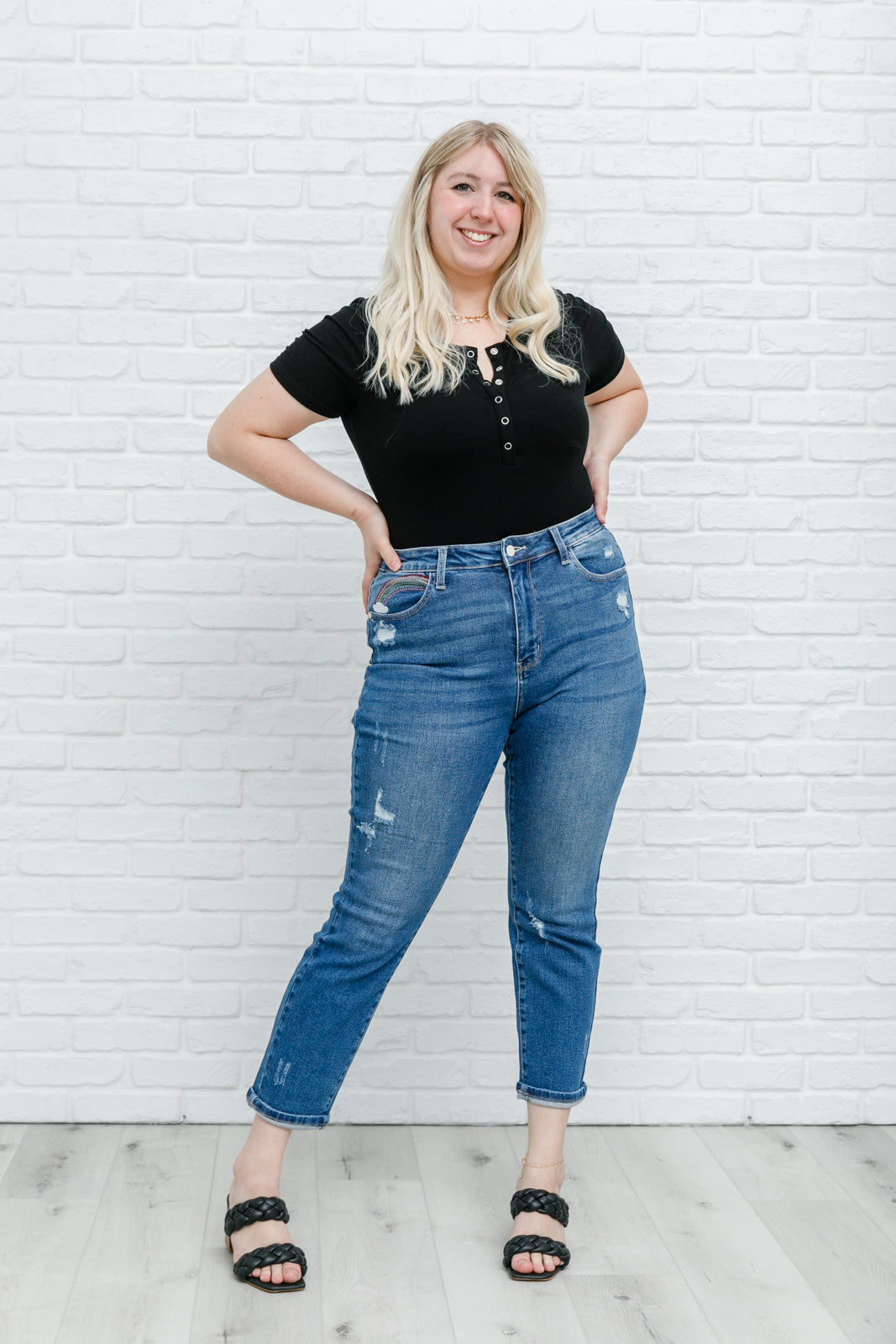 Rainbow Embroidery Cropped Straight Leg Jeans
