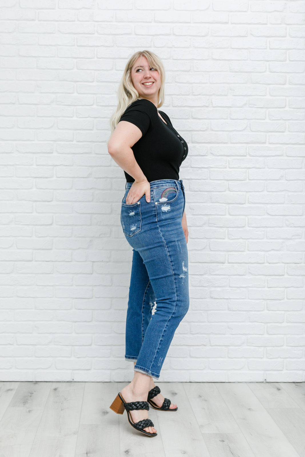 Rainbow Embroidery Cropped Straight Leg Jeans