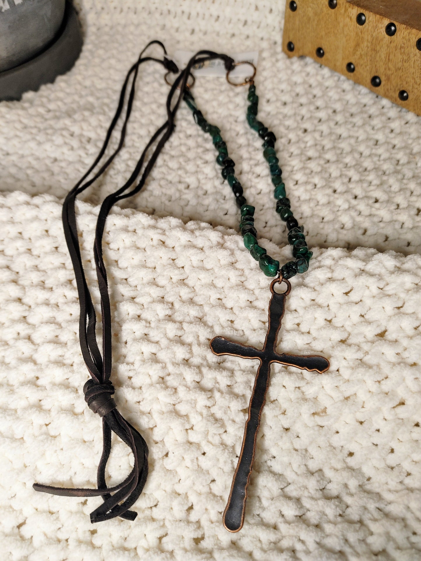 African Turquoise Necklace with Large Copper Cross Pendant