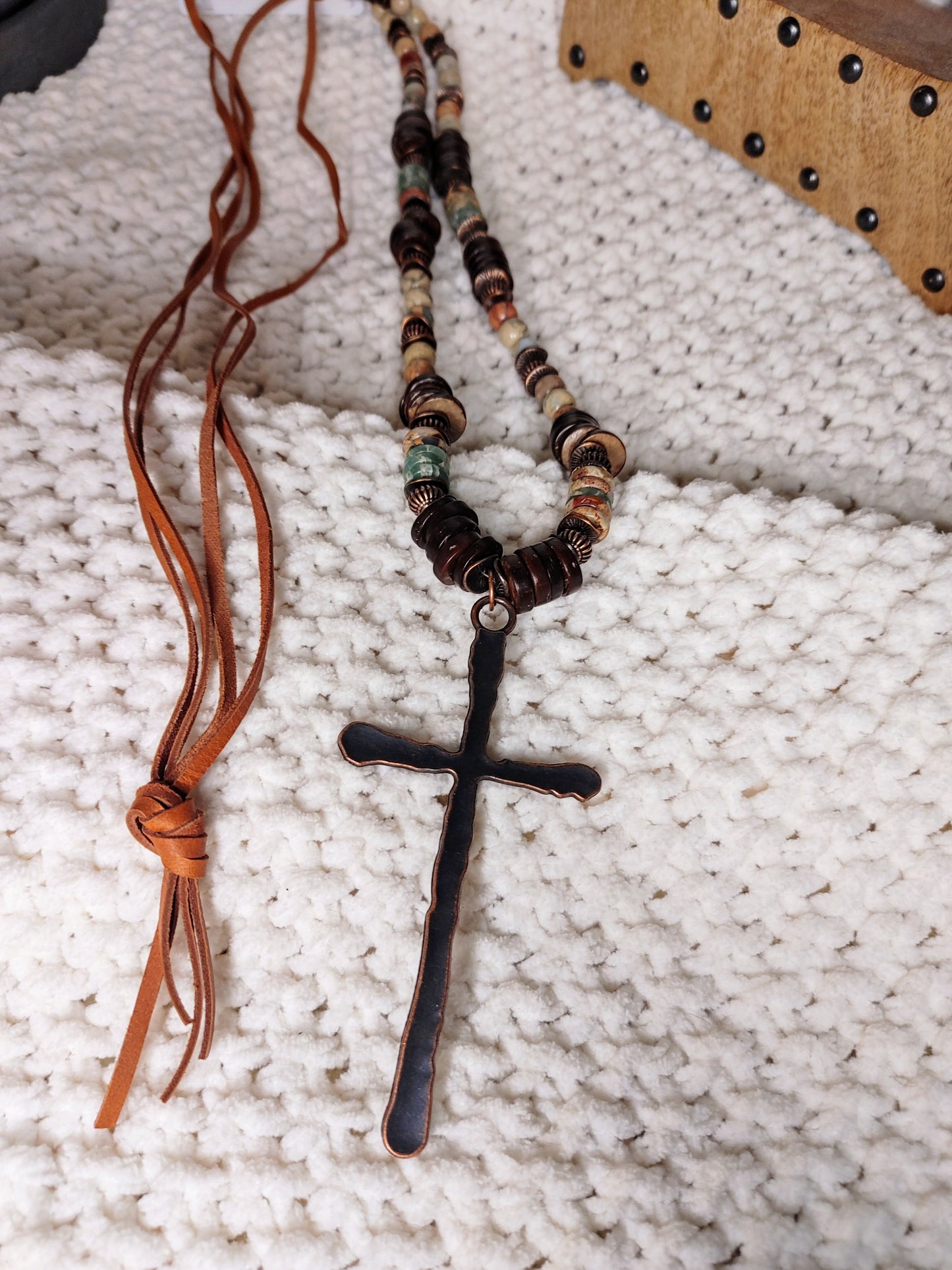 Aqua Terra Wood Necklace with Copper Cross