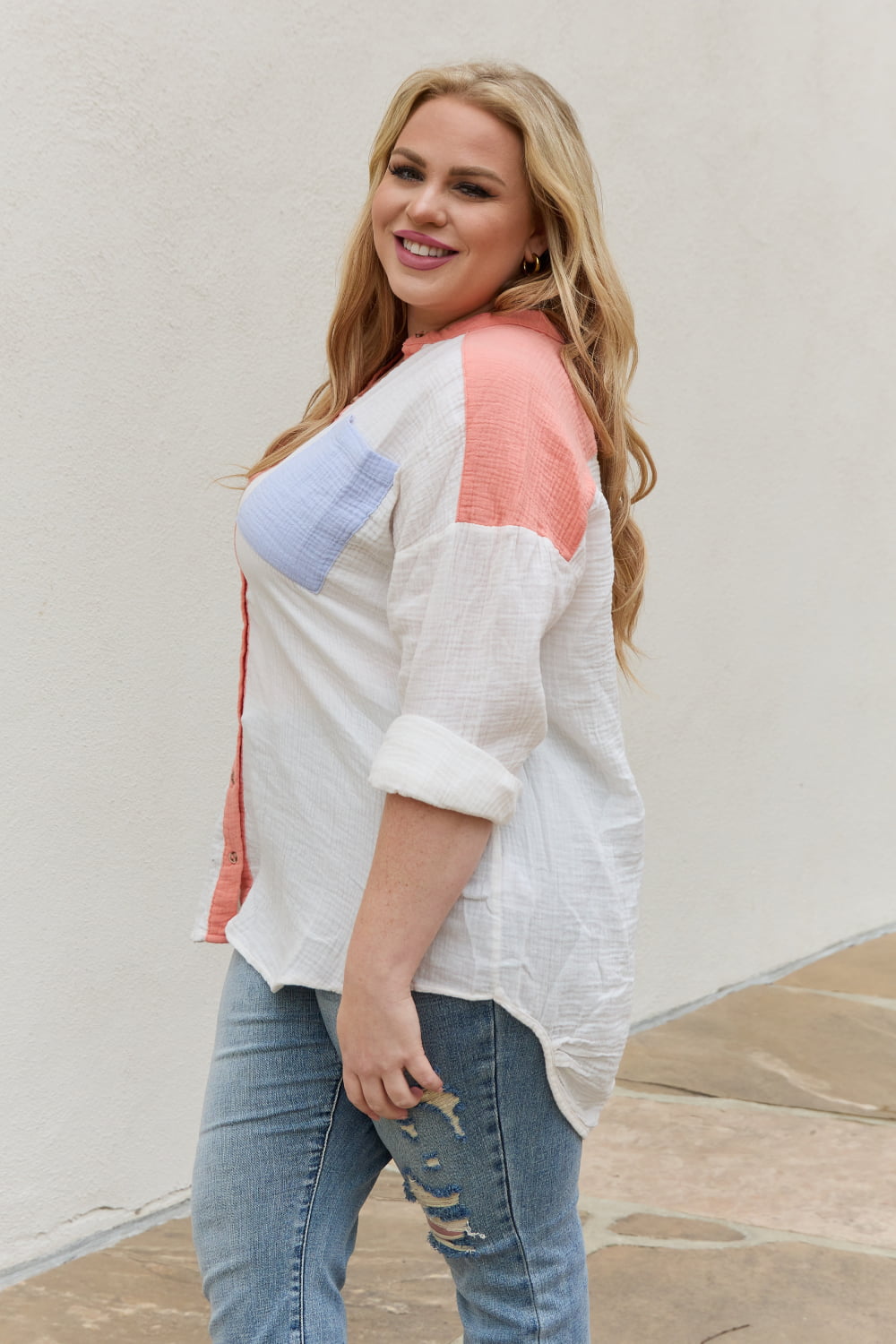Shades of Easter Color Block Woven Button Down Top