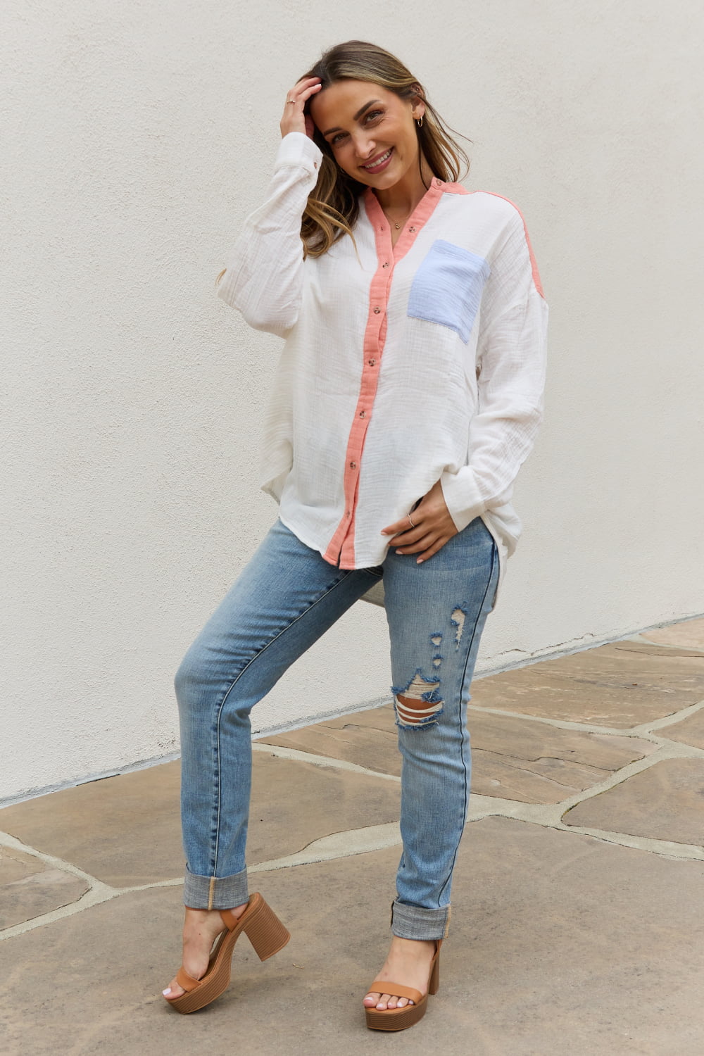 Shades of Easter Color Block Woven Button Down Top