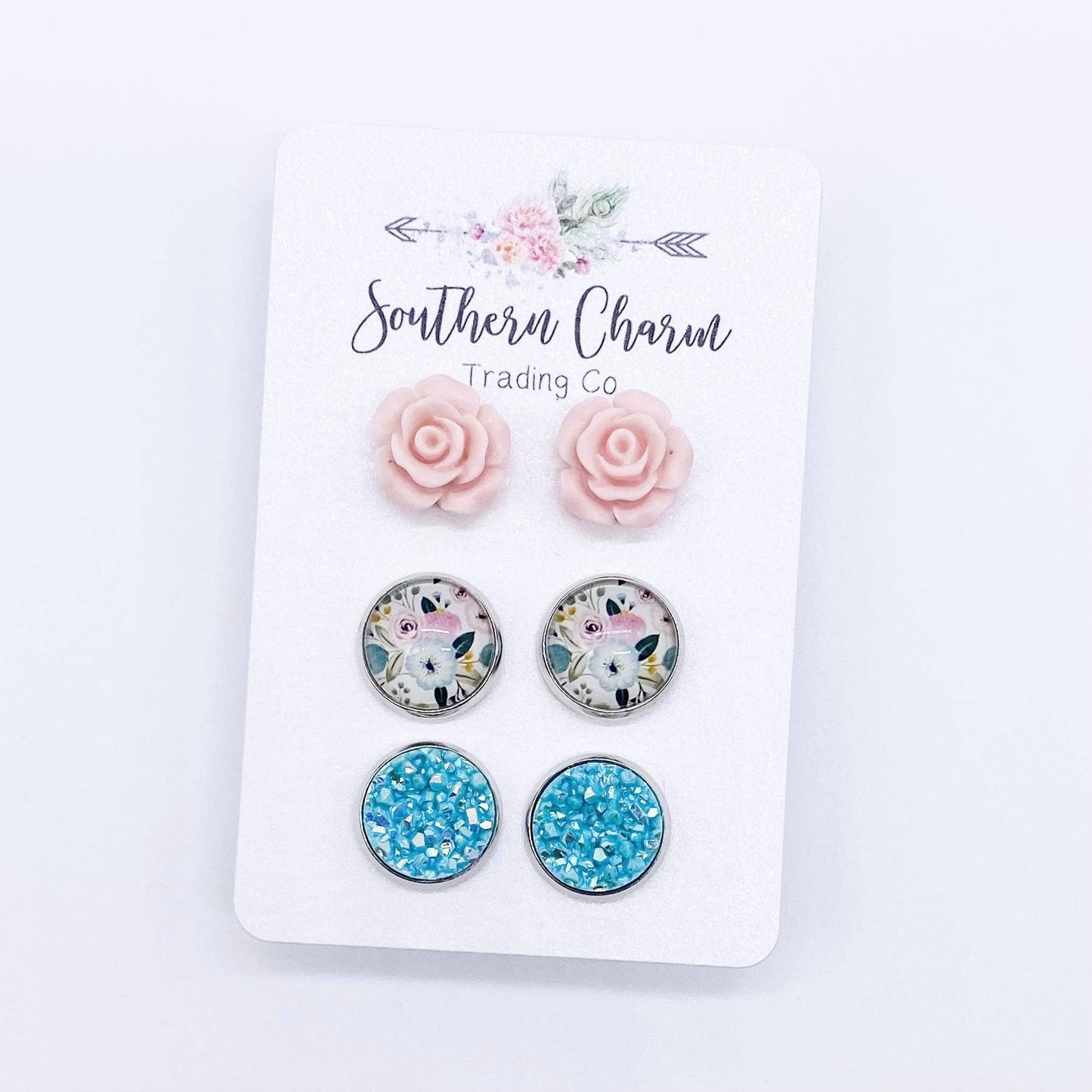Light Pink Roses/Pastel Floral/Robin Egg Earrings - E Squared Goods & Co.