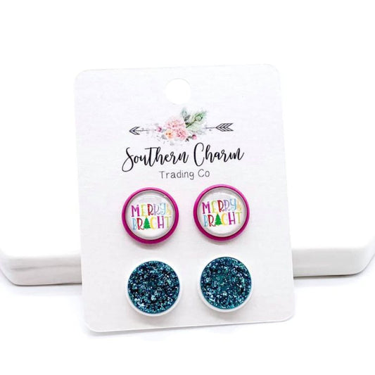 Merry & Bright & Teal Glitter Studs