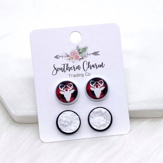 Buffalo Plaid Reindeer & Snow White Studs