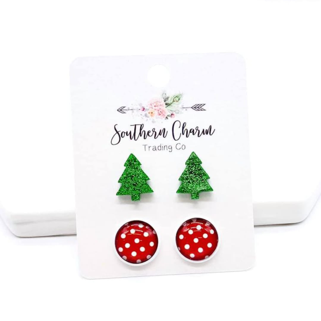 Glitter Green Tees & Red and White Polka Dot Studs