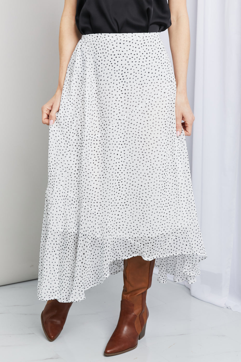 Polka Dot Ruffle Hem Midi Skirt in Ivory/Black