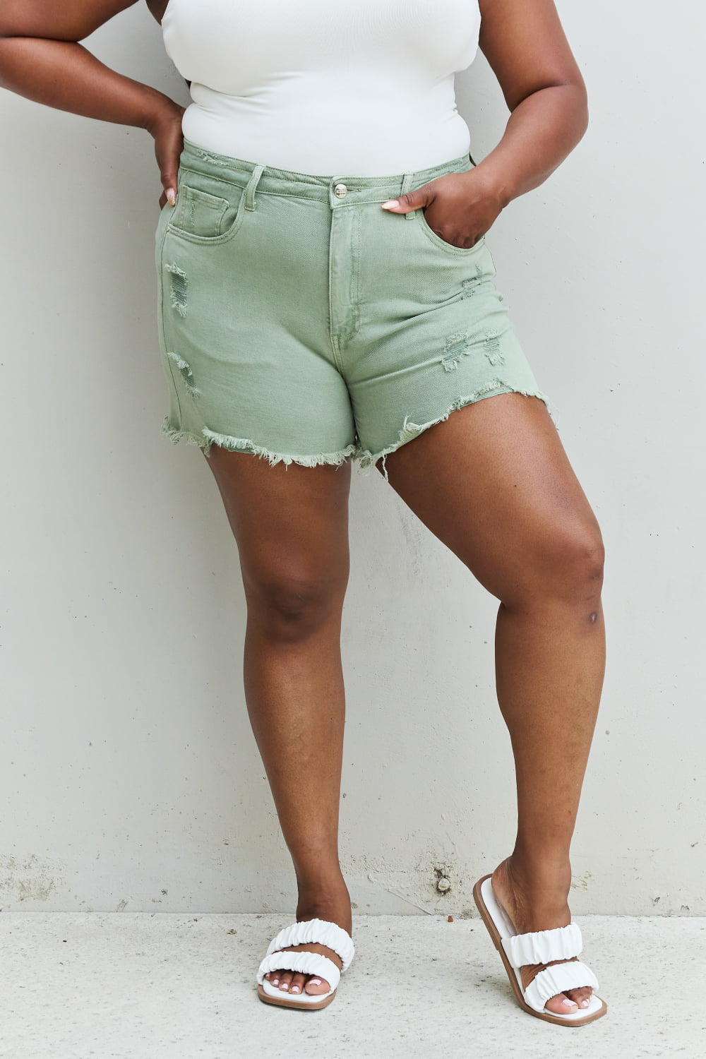 Katie High Waisted Distressed Shorts