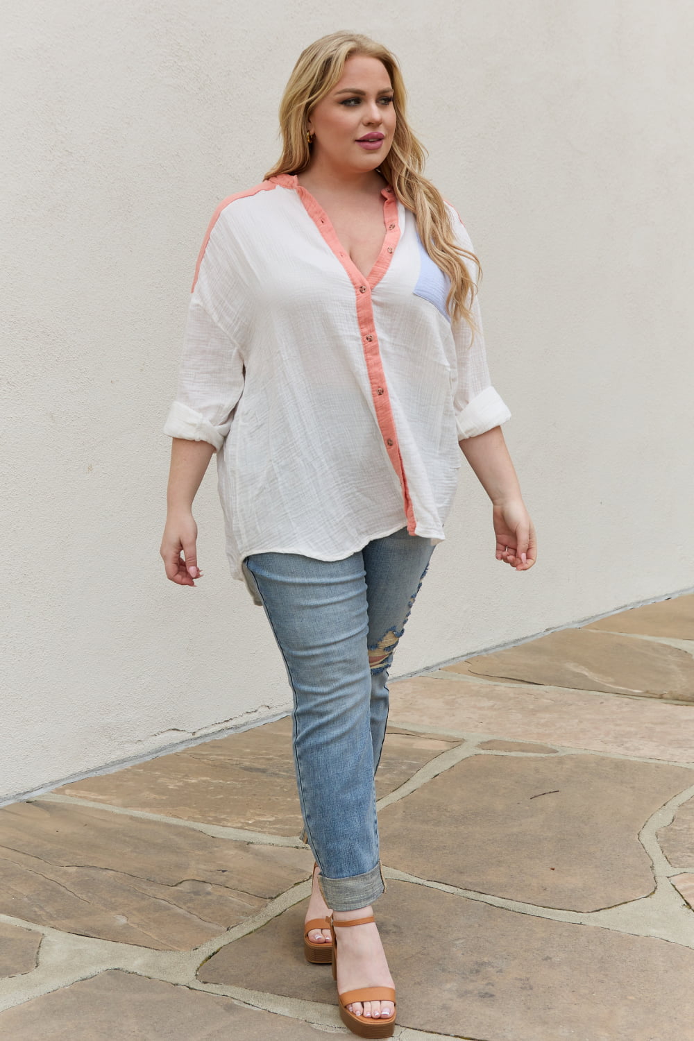 Shades of Easter Color Block Woven Button Down Top