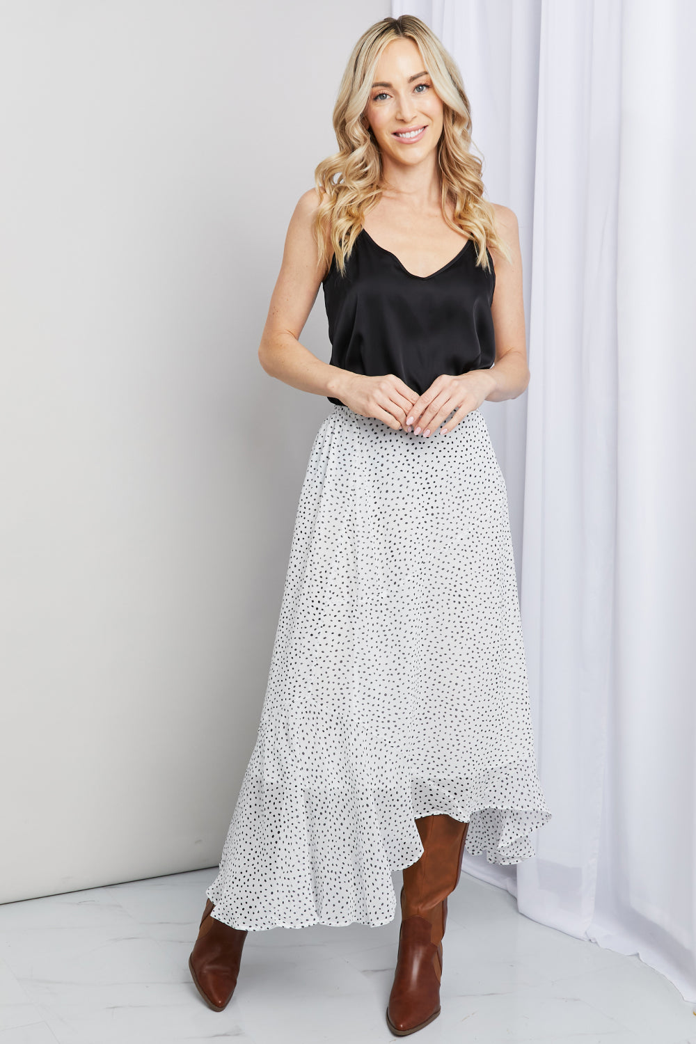 Polka Dot Ruffle Hem Midi Skirt in Ivory/Black