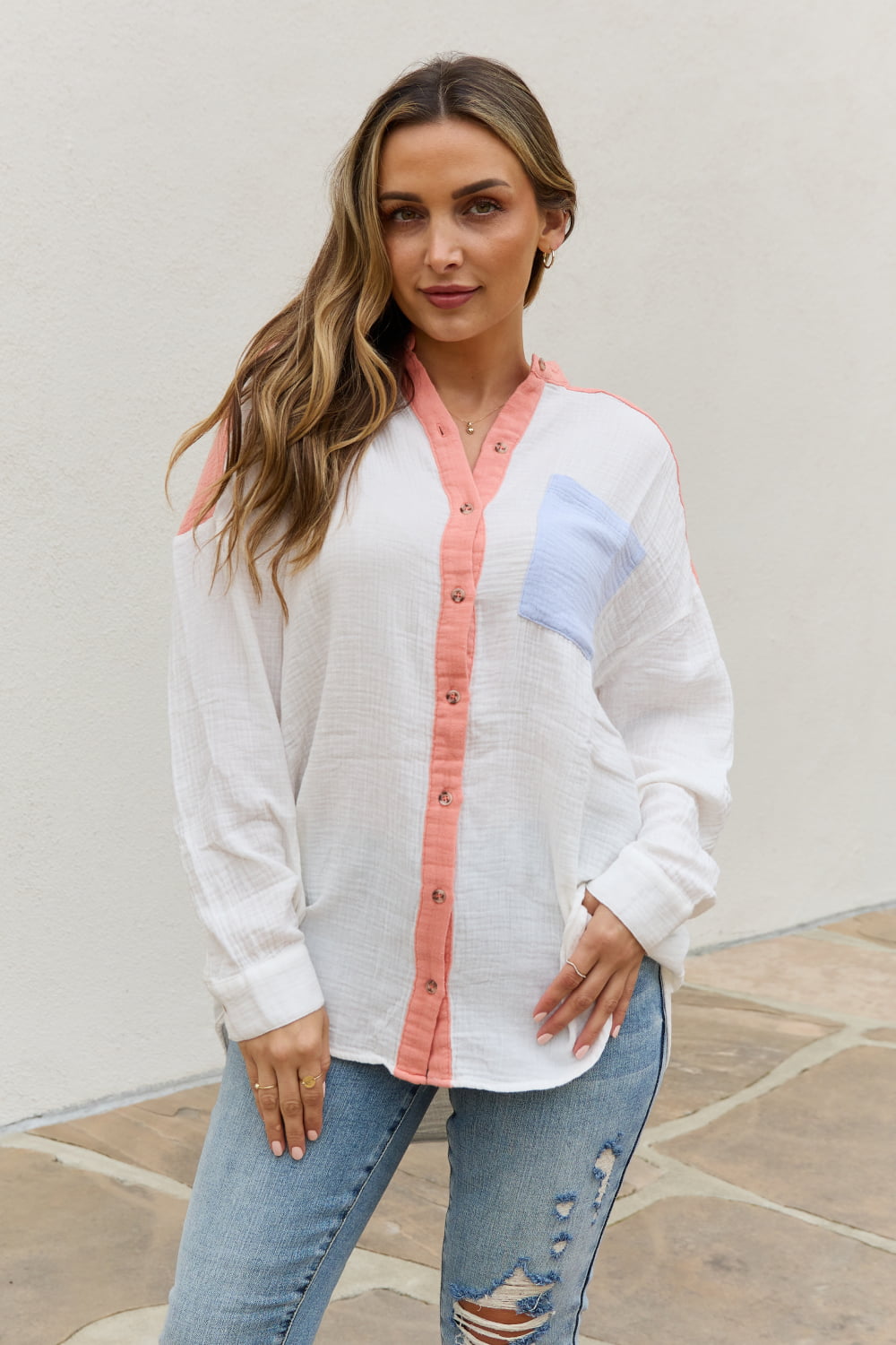 Shades of Easter Color Block Woven Button Down Top