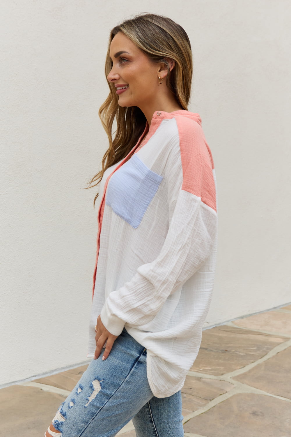 Shades of Easter Color Block Woven Button Down Top