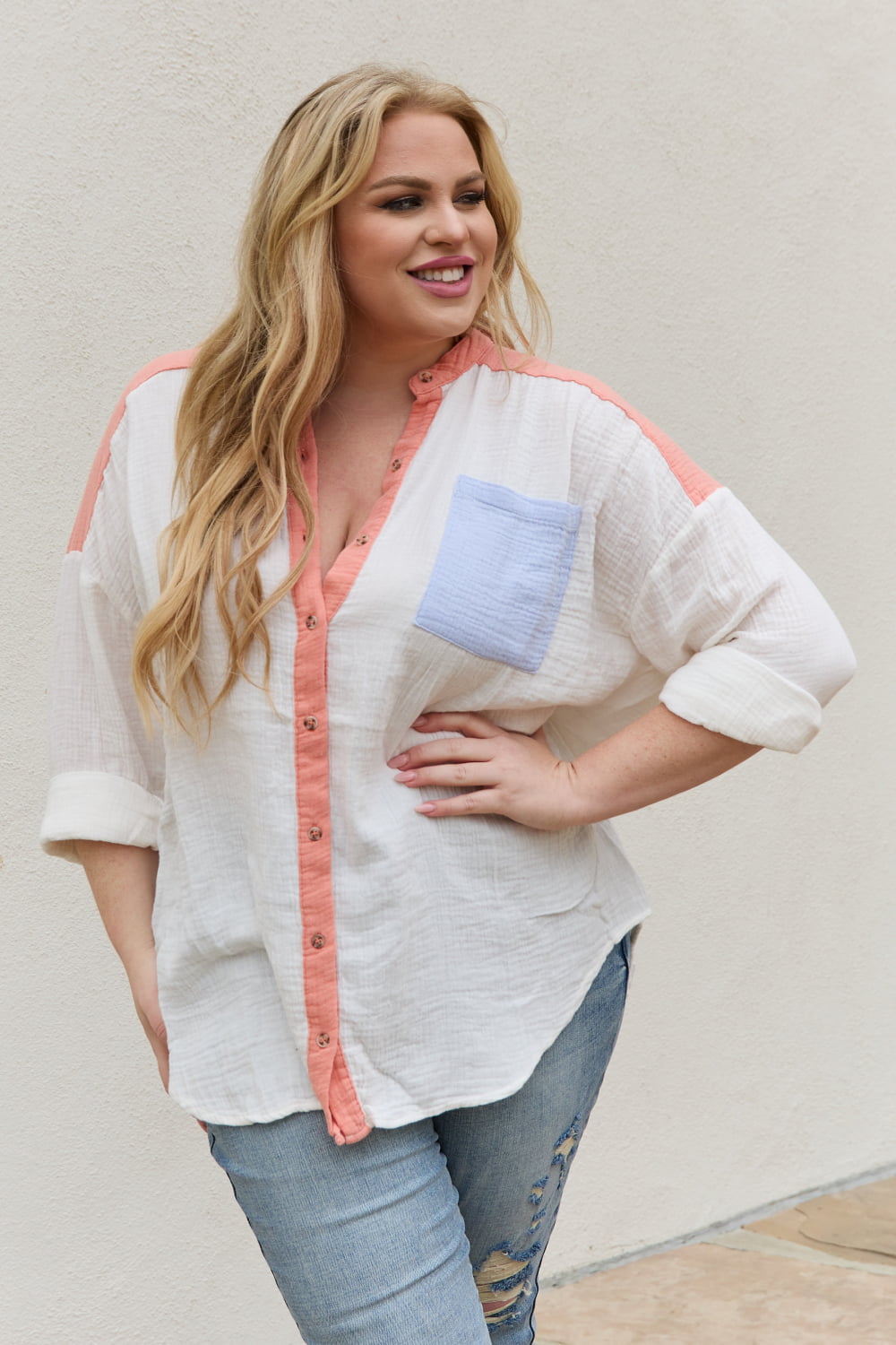 Shades of Easter Color Block Woven Button Down Top