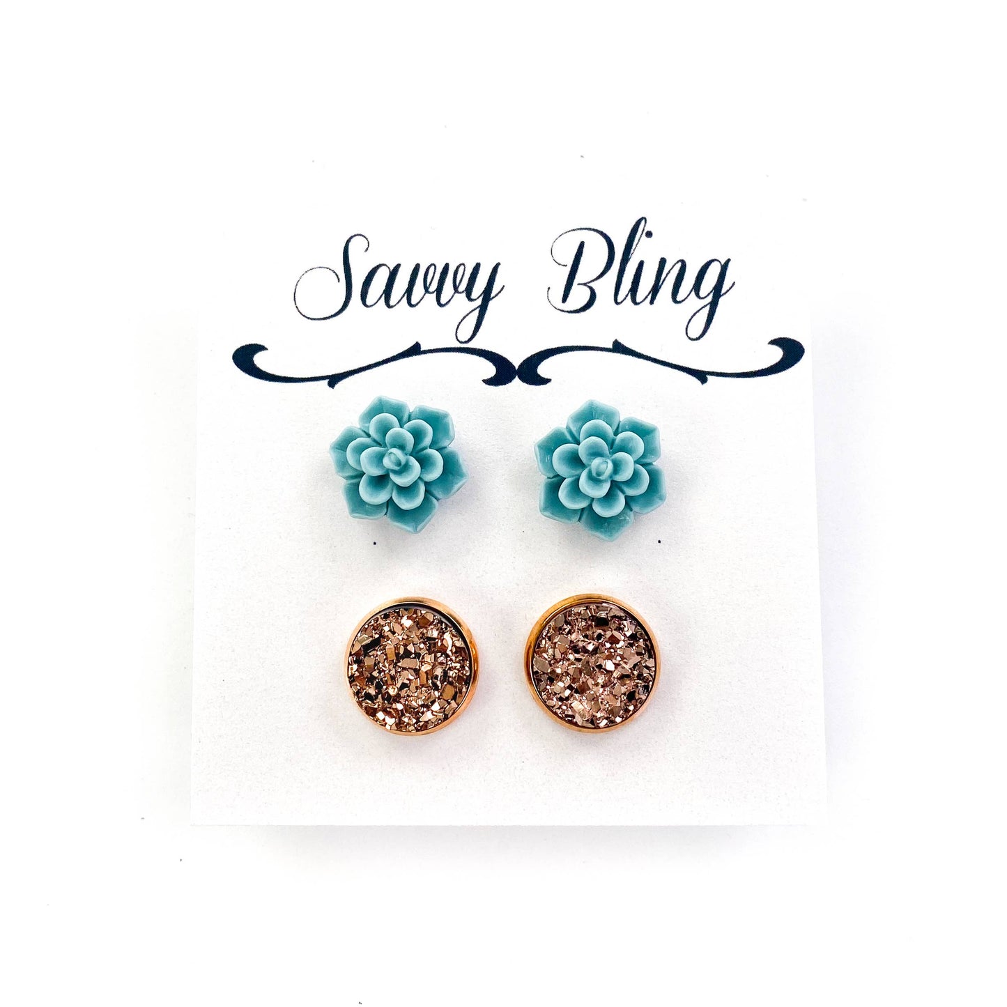 Rose Gold Druzy & Mint Flower Stud Earrings - E Squared Goods & Co.
