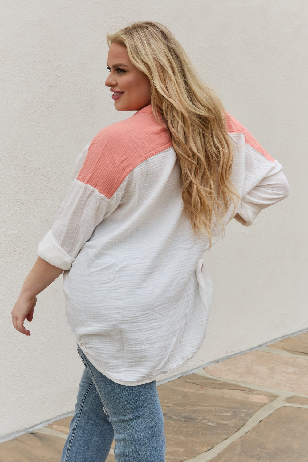 Shades of Easter Color Block Woven Button Down Top