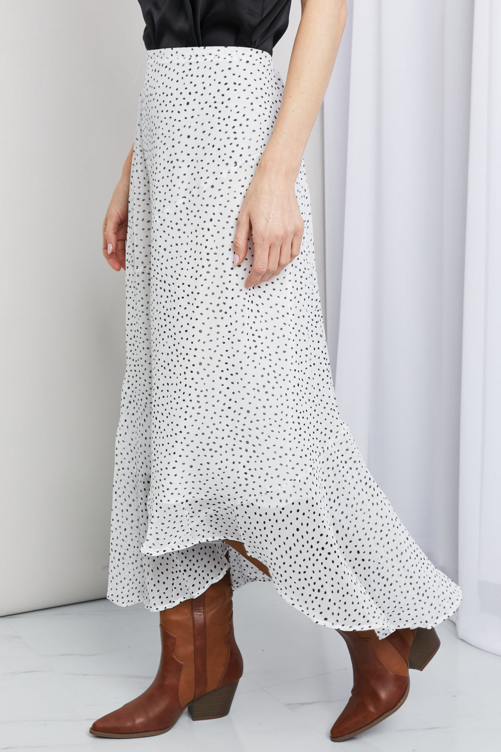 Polka Dot Ruffle Hem Midi Skirt in Ivory/Black