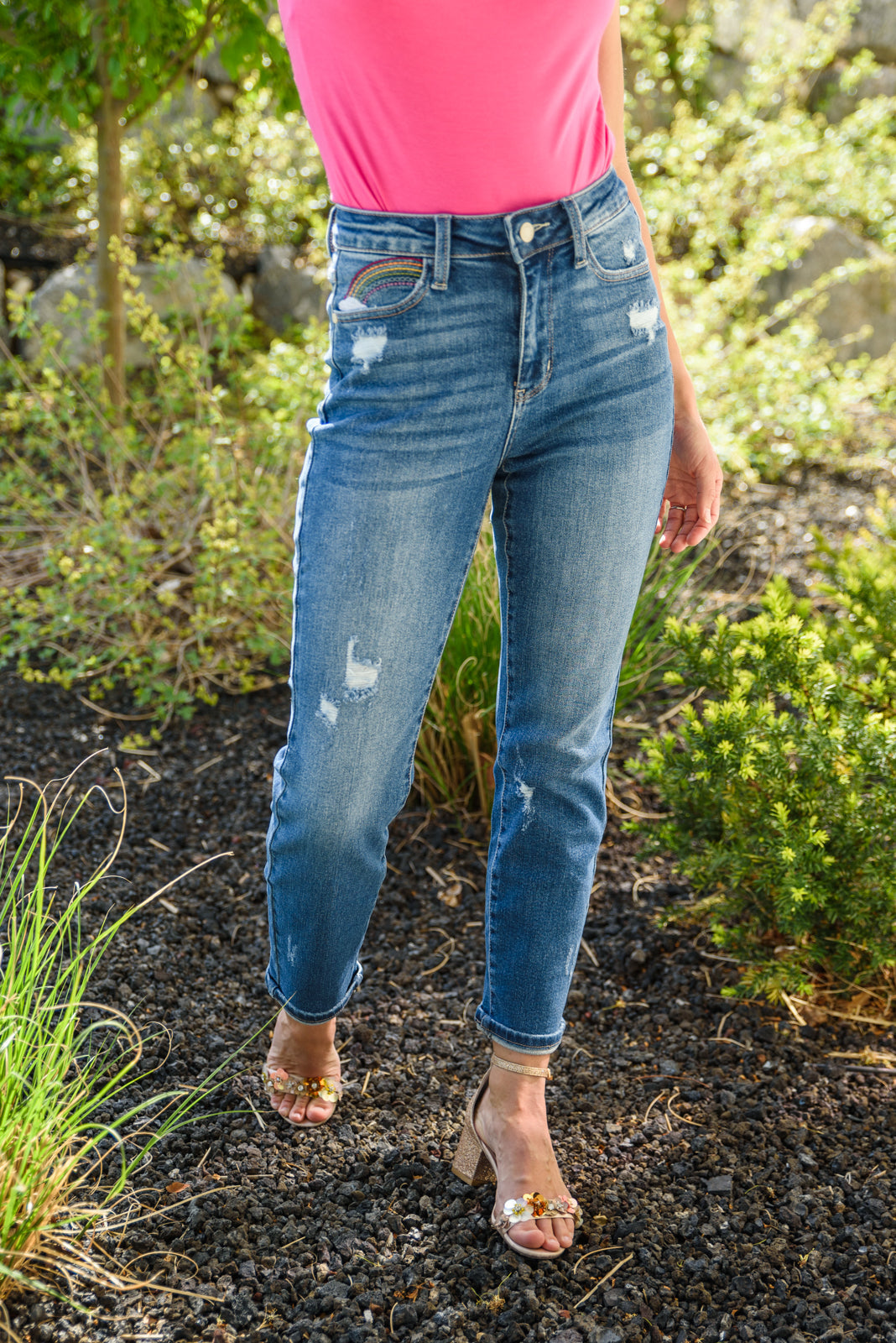 Rainbow Embroidery Cropped Straight Leg Jeans