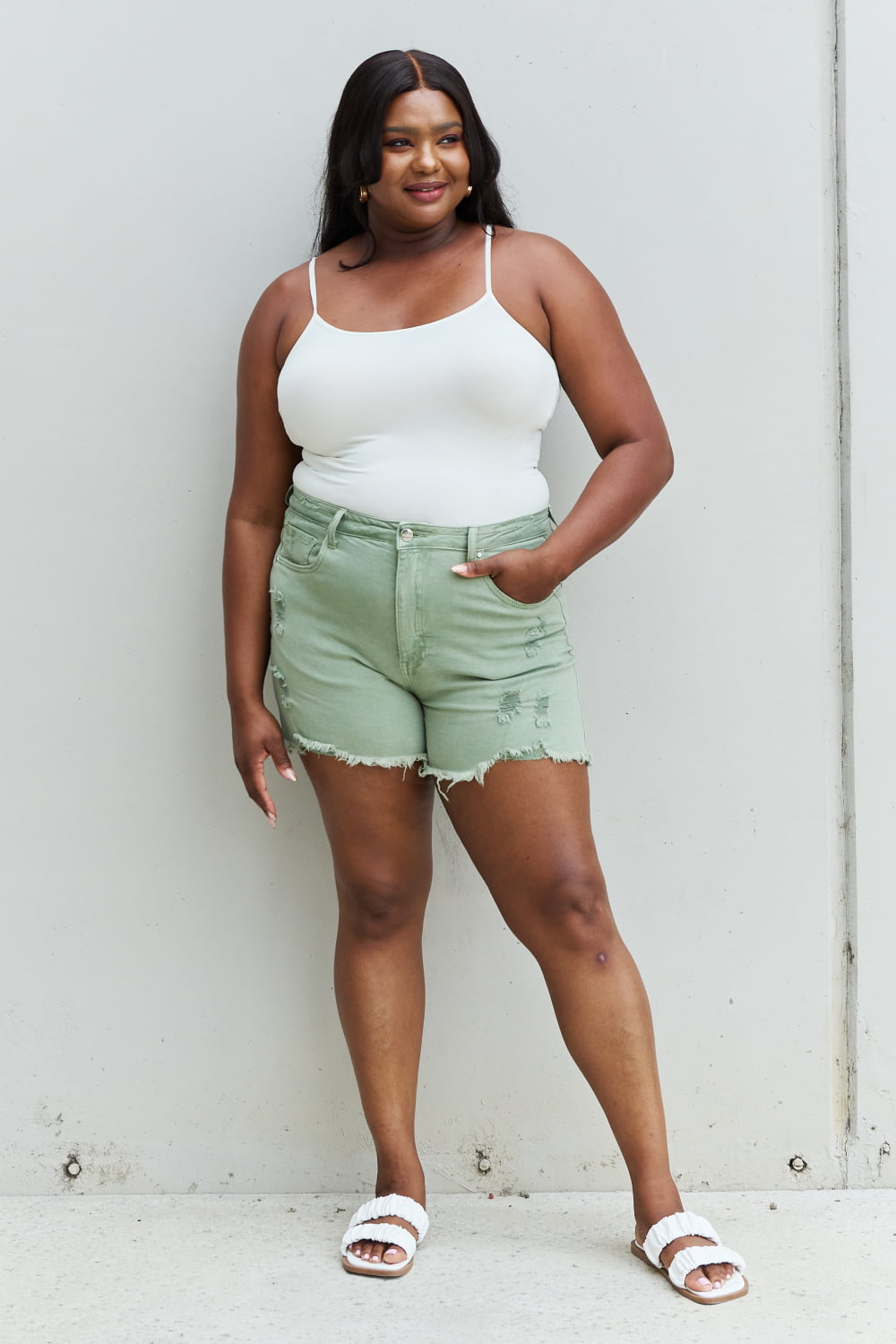 Katie High Waisted Distressed Shorts