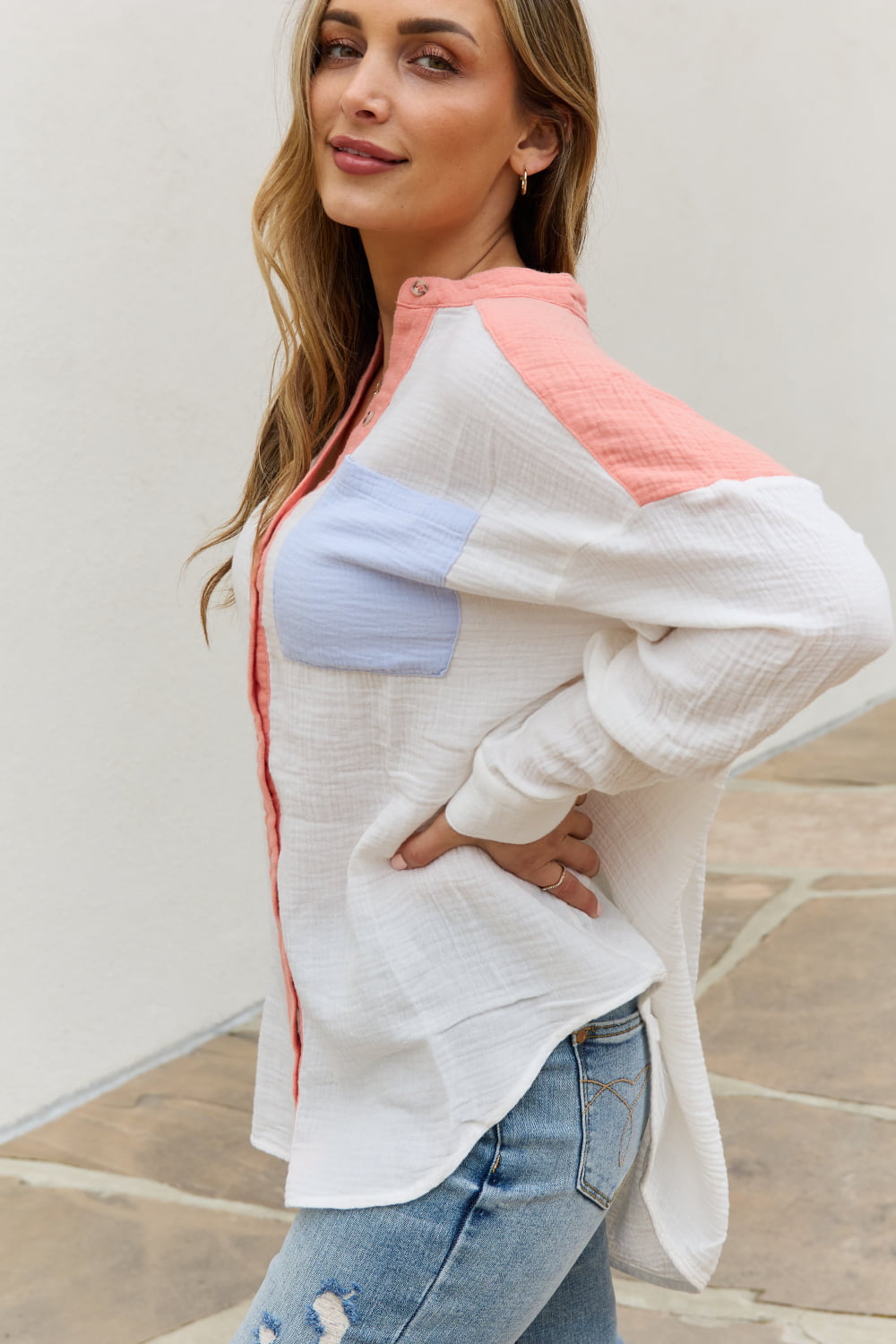 Shades of Easter Color Block Woven Button Down Top