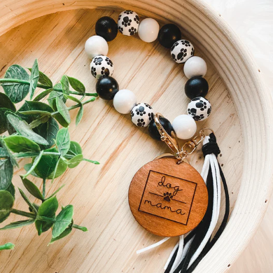Wood Bead Wristlet with Dog Mama Tag