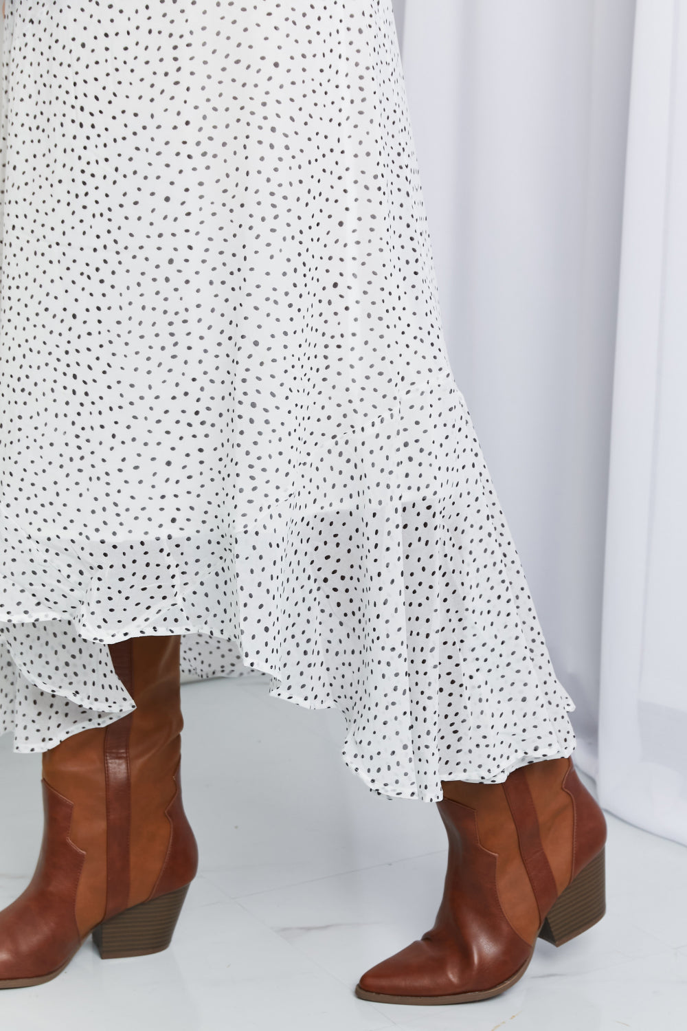 Polka Dot Ruffle Hem Midi Skirt in Ivory/Black