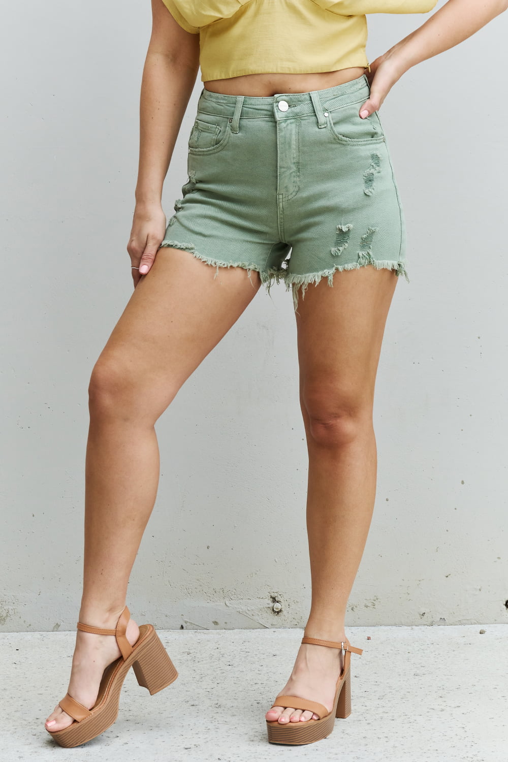 Katie High Waisted Distressed Shorts