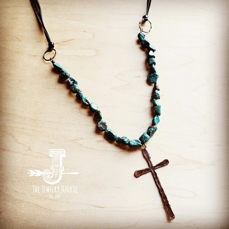 African Turquoise Necklace with Large Copper Cross Pendant