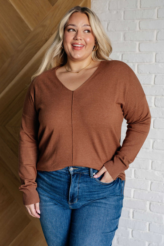 V-Neck Front Seam Sweater - Deep Camel