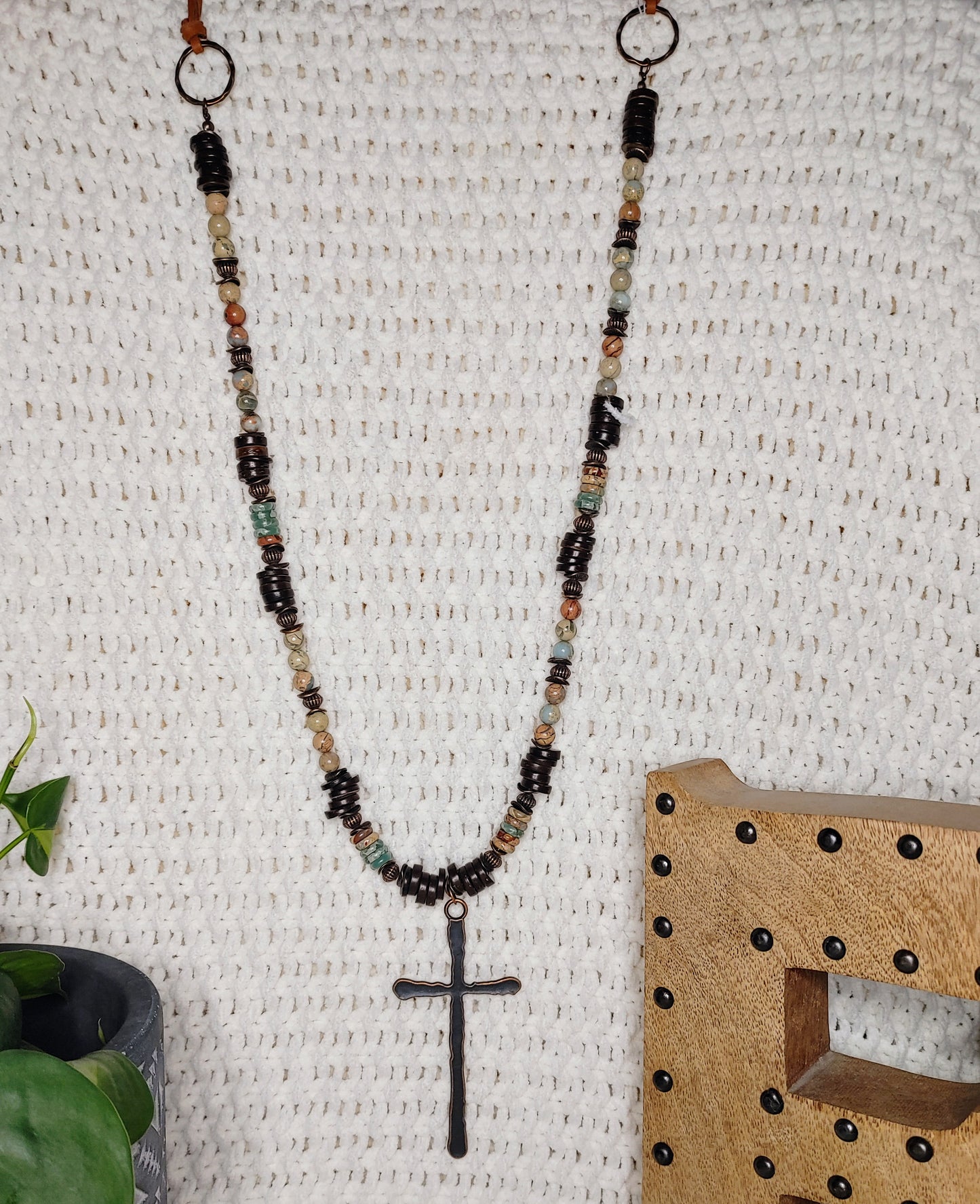 Aqua Terra Wood Necklace with Copper Cross