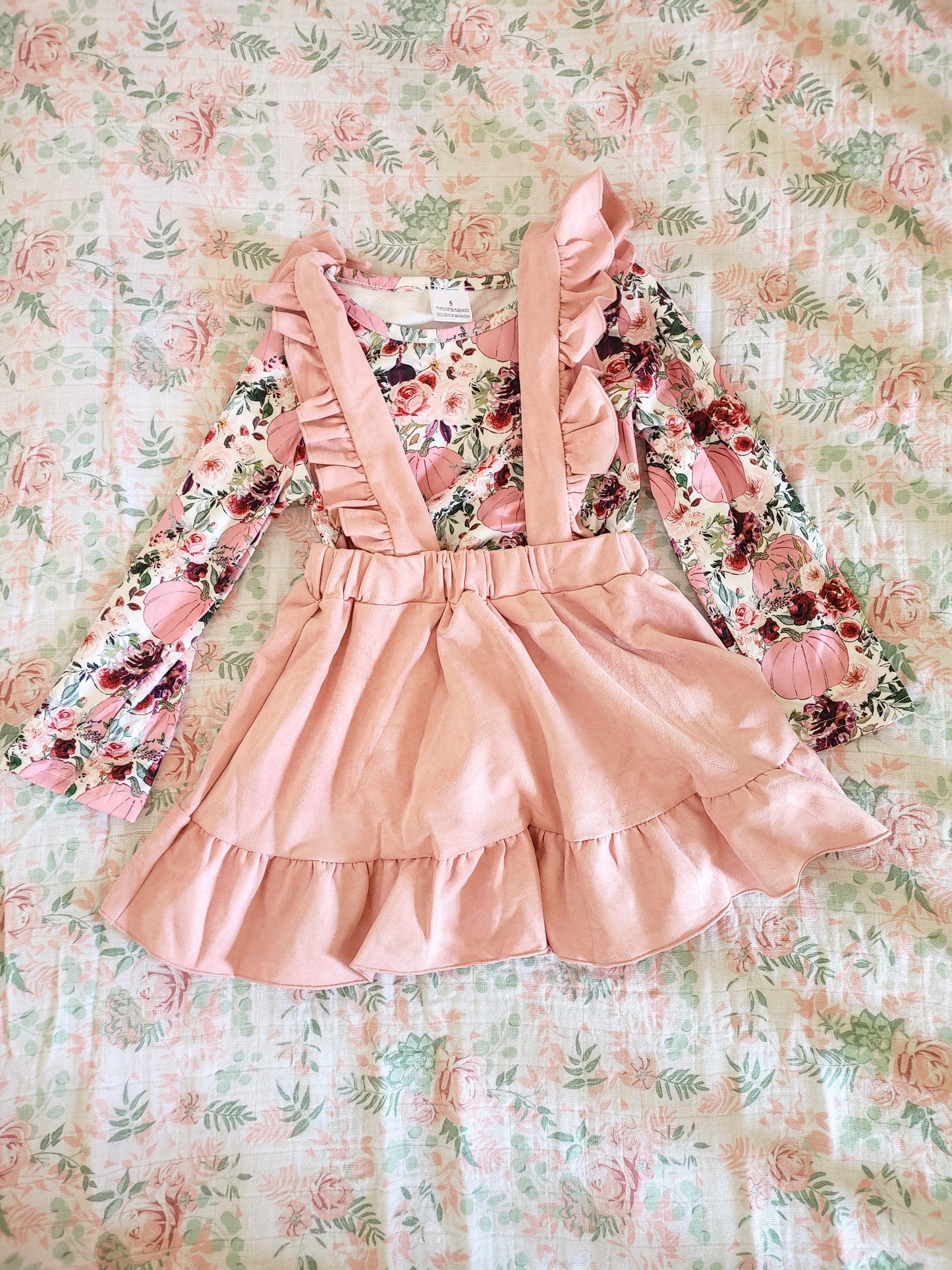 Girl's Fall Floral Suspender Skirt Set