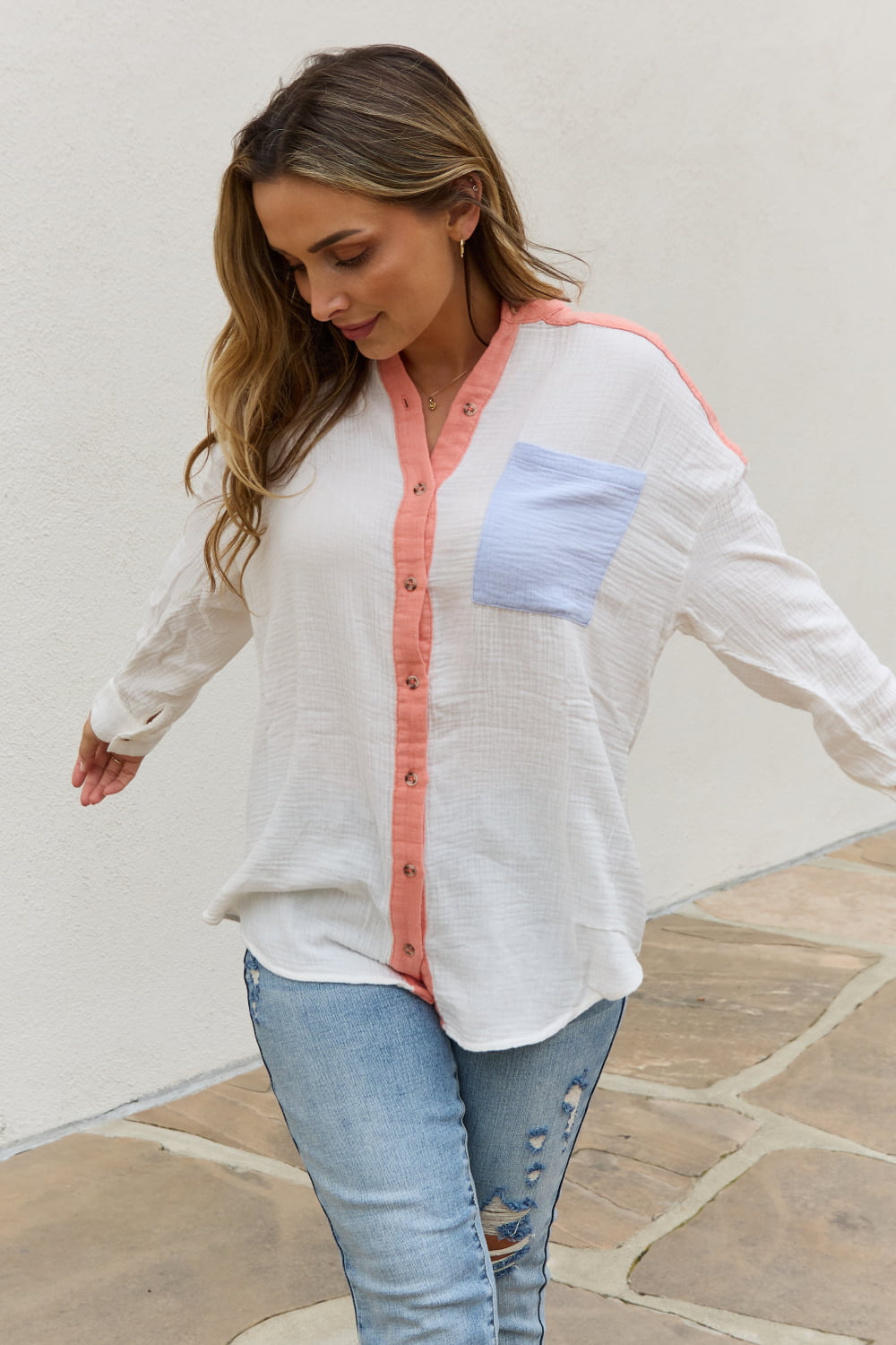Shades of Easter Color Block Woven Button Down Top