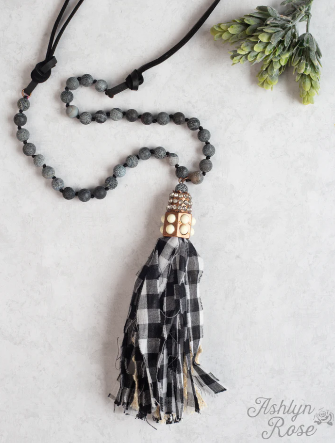 Woven to You Gingham Beaded Tassel Necklace