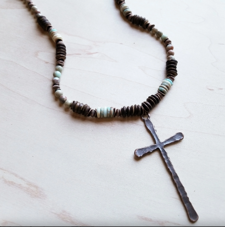 Aqua Terra Wood Necklace with Copper Cross