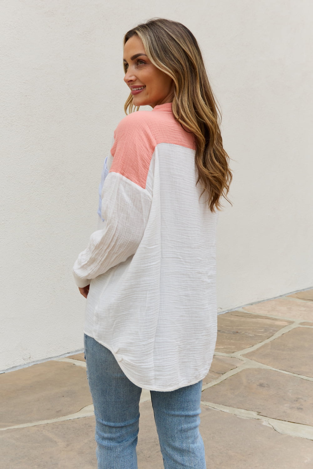 Shades of Easter Color Block Woven Button Down Top