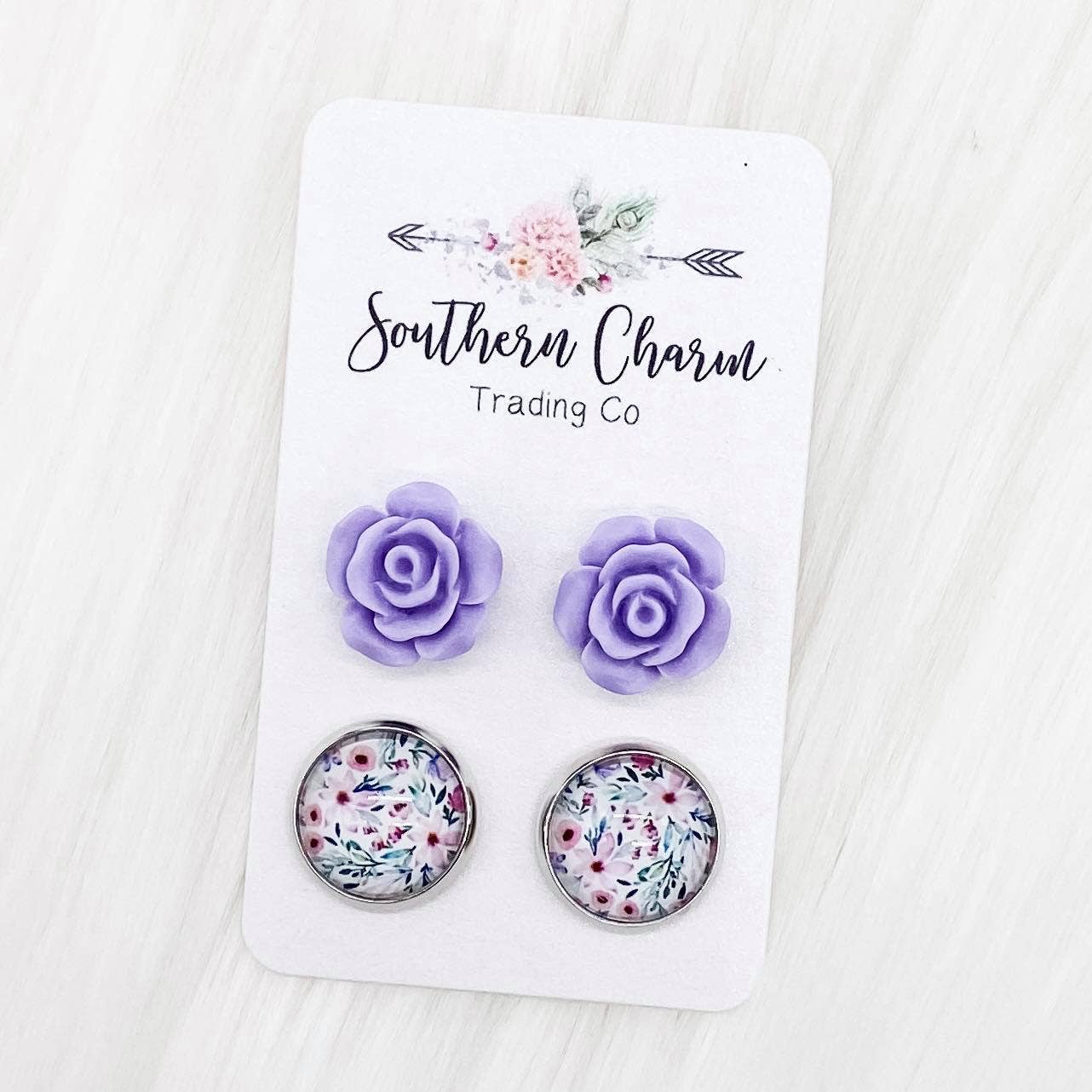 Purple Roses & Pastel Purple Floral Earrings - E Squared Goods & Co.