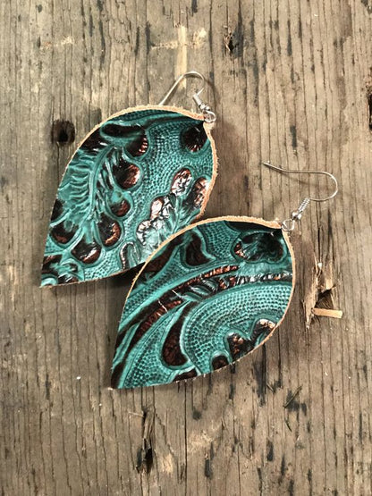 Teal and Copper Leather Earrings